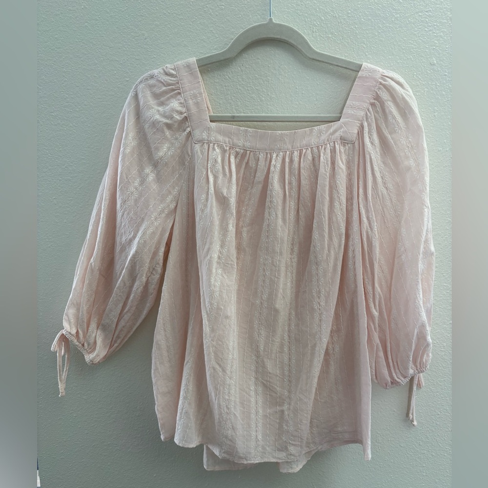 LC Lauren Conrad Light Pink Embroidered Blouse with 3/4 Puff Sleeves Ties Small